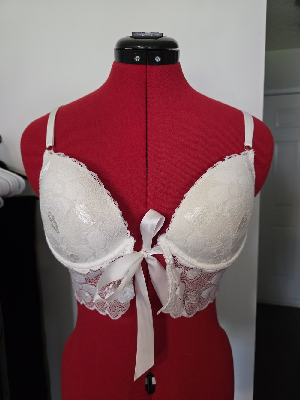 Lace Bralette with Satin Front Tie - White